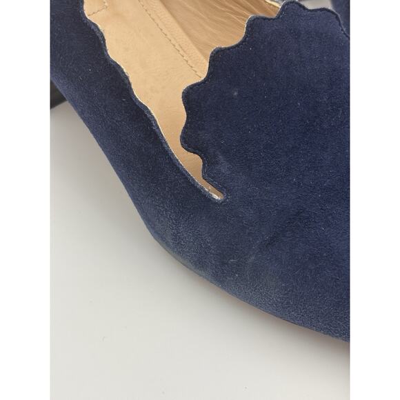 Chloé Suede Scalloped Loafers Navy Blue Suede Pumps Size 39.5 / 9.5 Block Heel - Picture 13 of 16
